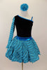 Black velvet leotard has single sleeve of soft, layered turquoise ruffles. Comes with matching turquoise ruffled skirt with petticoat and floral hair accessory. Front