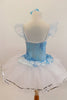 Pale Blue velvet leotard has glittery wave pattern and peplum that rests overtop of white tulle, romantic tutu skirt. Comes with floral hair accessory. Back