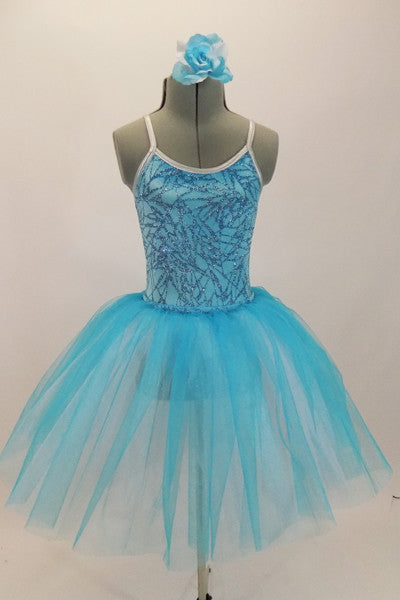 Aqua-blue velvet camisole leotard has silver piping and a glittery crackle pattern. Comes with aqua & white romantic pull-on tutu skirt & rose hair accessory. Front