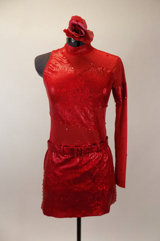 Bright red one sleeved mesh upper has cross-over alligator texture on bodice & skirt (shorts below). Has red crystals, matching belt and rose hair accessory. Front