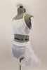 White half top is accompanied by a white satin briefs with open-front satin skirt edged with organza curly ruffle. Comes with  lacy gauntlets, veil & bouquet. Left Side