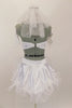 White half top is accompanied by a white satin briefs with open-front satin skirt edged with organza curly ruffle. Comes with  lacy gauntlets, veil & bouquet. Back