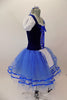 Peasant style  ballet dress has blue velvet bodice ,corset tie front & pouf sleeves. Skirt is layers of blue tulle with ribbon accent and a white apron. Comes with hair accessory. Right Side