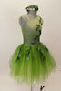 Forest themed green romantic tutu dress has single shoulder with ribbon branches & 3-D leaves.Tutu is layers of soft green fading tulle. Has leaf hair accessory. Right side