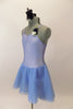 Pale blue leotard dress with floral accent has low back with looping cross strap design at lower back. The attached skirt is sheer layers of pale blue. Comes with hair accessory. Left Side