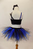 Blue and black costume is a two-piece joined at the front by cross straps. The top is black & blue animal print. Black briefs have black & blue tulle bustle. Has black floral hair accessory. Back