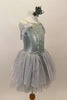 Silver romantic tutu dress had lace drop shoulder sleeves & silver braided accents. Skirt has layers of soft grey crystal tulle & silver sparkle sheer. Comes with matching floral hair accessory. Right side
