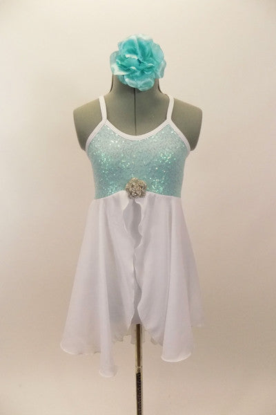 Aqua sequined leotard dress has cross back straps. Attached open-front white chiffon skirt has crystal rose brooch accent. Comes with aqua floral hair piece. Front