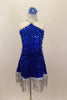 Large sequined blue dress has dangling silver sequin fringe. Bodice comes to a point at neck where it joins to silver straps. Has low back & blue hair accessory. Front