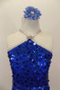 Large sequined blue dress has dangling silver sequin fringe. Bodice comes to a point at neck where it joins to silver straps. Has low back & blue hair accessory. Front zoomed