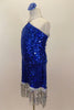 Large sequined blue dress has dangling silver sequin fringe. Bodice comes to a point at neck where it joins to silver straps. Has low back & blue hair accessory. Left side