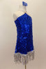 Large sequined blue dress has dangling silver sequin fringe. Bodice comes to a point at neck where it joins to silver straps. Has low back & blue hair accessory. Right side