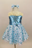 Glittering A-line dress has sparkle turquoise bodice with clear straps & wide ivory lace ruffle. Has blue polk-a-dot bottom with petticoat, gloves & hair piece. Front