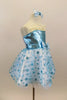 Glittering A-line dress has sparkle turquoise bodice with clear straps & wide ivory lace ruffle. Has blue polk-a-dot bottom with petticoat, gloves & hair piece. Right side