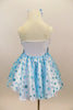 Glittering A-line dress has sparkle turquoise bodice with clear straps & wide ivory lace ruffle. Has blue polk-a-dot bottom with petticoat, gloves & hair piece. Back