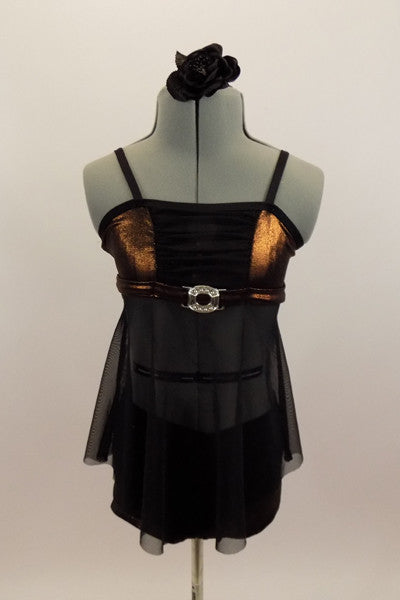 Costume has black camisole top with ruched bust area,bronze metallic sides & sheer torso. Has silver buckle accent. Comes with black shorts and hair accessory. Front