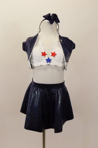 Flight attendant 3 piece costume has white lace halter bra (30A) with star appliques. Comes with navy skirt, navy short jacket with silver trim & navy hairband. Front