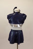 Flight attendant 3 piece costume has white lace halter bra (30A) with star appliques. Comes with navy skirt, navy short jacket with silver trim & navy hairband. Back