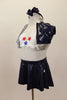 Flight attendant 3 piece costume has white lace halter bra (30A) with star appliques. Comes with navy skirt, navy short jacket with silver trim & navy hairband. Side