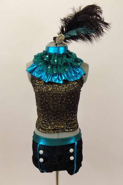 Black & gold lace halter has separate ruffled high neck turquoise collar. Lace shorts have turquoise piping & button accents. Has large feather hair accessory. Front
