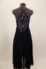 Navy blue chiffon empire waist dress has sequined/beaded lace bust with large center brooch. Low back has thin cross straps. Comes with matching hair accessory. Back