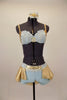 Pale blue & gold costume has gold lamé bra covered in pale blue crêpe with crystal accents & brooch. Shorts have lace & gold waistband & open front gold skirt. Front