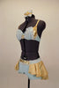 Pale blue & gold costume has gold lamé bra covered in pale blue crêpe with crystal accents & brooch. Shorts have lace & gold waistband & open front gold skirt. Left side