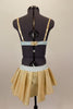 Pale blue & gold costume has gold lamé bra covered in pale blue crêpe with crystal accents & brooch. Shorts have lace & gold waistband & open front gold skirt. Back