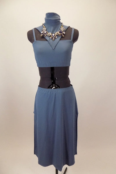 Blue-grey costume has camisole top with corset back & attached high neck collar with large jeweled necklace. Has matching long skirt with side slits & hair clip. Front