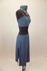 Blue-grey costume has camisole top with corset back & attached high neck collar with large jeweled necklace. Has matching long skirt with side slits & hair clip. Right side