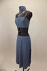 Blue-grey costume has camisole top with corset back & attached high neck collar with large jeweled necklace. Has matching long skirt with side slits & hair clip. Left side