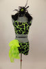Neon green & black animal print costume has half top with black fur collar. Matching shorts have large lime green organza bow on right hip with crystal accents. Front