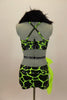Neon green & black animal print costume has half top with black fur collar. Matching shorts have large lime green organza bow on right hip with crystal accents. Back