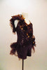 Camisole biketard is brown sequin with brown ribbon-rose trim & gold leaves, flowing from the hip over shoulder. Open back,crystaled straps & open tutu bustle. Comes with matching hair accessory. Right side