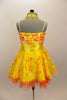 Orange & yellow paillettes, feathers & crystals adorn yellow satin dress with halter neck, skirt with yellow base on orange petticoat & matching hair accessory. Back