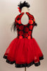 Dress has bodice with sweetheart neck polka dots & black mesh covered with crystals & feather trim. Skirt is red tricot with black satin hem. Has hair accessory. Back