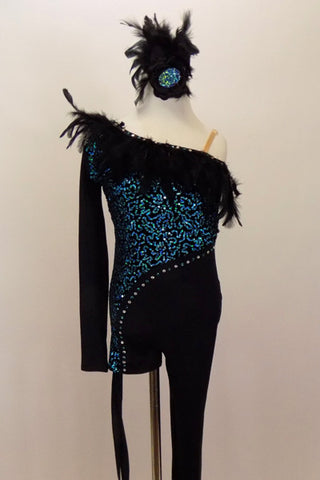 One leg unitard has turquoise sequin on one side & black on other, lined with crystals & black feather trim. Short leg has leg ties. Comes with hair accessory. Front
