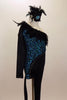 One leg unitard has turquoise sequin on one side & black on other, lined with crystals & black feather trim. Short leg has leg ties. Comes with hair accessory. Right side