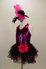 Wavy pattern sequined vest with halter-neck has attached two layered black skirt with fuchsia sequined trim. Comes with hip flower accent & feathered hair accessory. Left Side