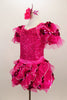 Fuchsia costume has organza ruffle sequin mesh on  sleeves & bubble skirt. The sequined bodice  is covered with crystals. Comes with matching hair accessory. Left side
