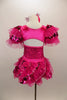Fuchsia costume has organza ruffle sequin mesh on  sleeves & bubble skirt. The sequined bodice  is covered with crystals. Comes with matching hair accessory. Back