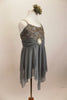  Empire waist lyrical dress has jagged mesh skirt & silver sequined lace bust. Has crystaled straps & sash with large crystal-opal brooch & matching hair piece. Right side
