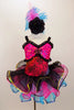 Dress has pink bust area with coloured sequins-crystals, black ruffles on sheer striped bodice & black rose pattern. Skirt is colourful curly hem ruffles. Comes with black rose & feather hair accessory and black gloves Front