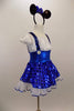 Cap sleeved dress has crystaled blouson bodice, wide waistband, 2  white buttons & suspenders attached to polka dot blue skirt.& white sequined petticoat. Come with mouse ear headband with bow. Right side