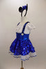 Cap sleeved dress has crystaled blouson bodice, wide waistband, 2  white buttons & suspenders attached to polka dot blue skirt.& white sequined petticoat. Come with mouse ear headband with bow. Left side