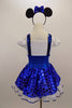 Cap sleeved dress has crystaled blouson bodice, wide waistband, 2  white buttons & suspenders attached to polka dot blue skirt.& white sequined petticoat. Come with mouse ear headband with bow. Back