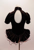 Brown velvet pouf sleeved leotard dress has hey-hole back & pink velvet yummy panel. Has attached of brown velvet & pink sheer ruffle. Has hair band with ears. Back