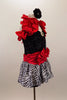 Red satin bow and cummerbund accent this biketard with black sequined bodice  Comes with red curly ruffle shrug & attached zebra-print satin bubble skirt.  Comes with floral hair accessory. Right side