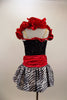 Red satin bow and cummerbund accent this biketard with black sequined bodice  Comes with red curly ruffle shrug & attached zebra-print satin bubble skirt.  Comes with floral hair accessory. Back