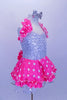 Silver sequined leotard dress has attached skirt with bright pink satin polka dot overlay on white ruffled tricot. Has bow at the back, halter ruffle & hair bow. Right side